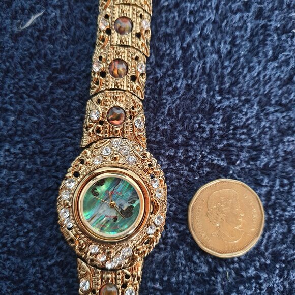 Vintage Jeweled Abalone Rhinestone & Tiger Eye Gold-Plated Japan Quartz Watch - Picture 9 of 16